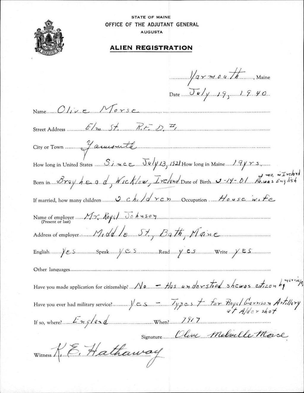 Miniature of Alien Registration- Morse, Olive (Yarmouth, Cumberland County)