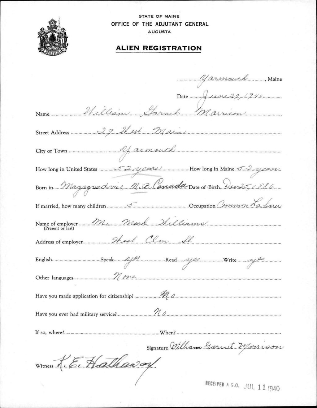 Miniature of Alien Registration- Morrison, William G. (Yarmouth, Cumberland County)