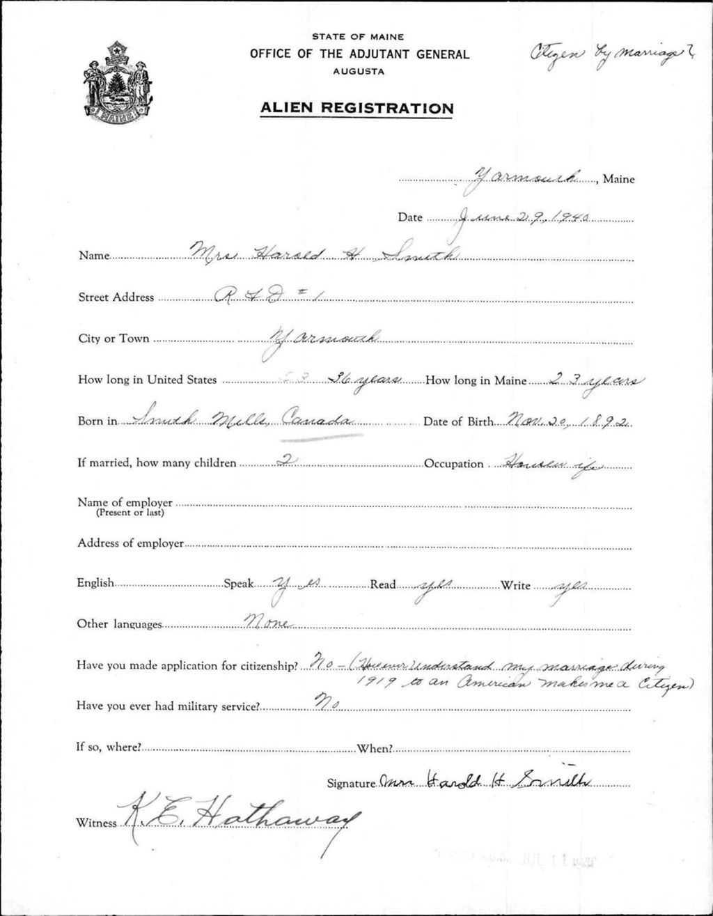 Miniature of Alien Registration- Smith, Harold H. (Yarmouth, Cumberland County)