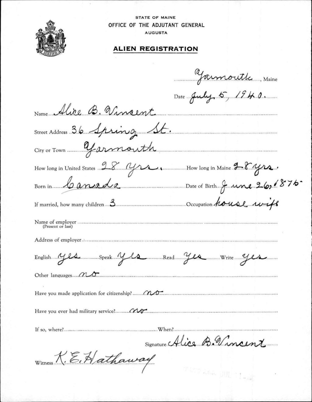 Miniature of Alien Registration- Vincent, Alice B. (Yarmouth, Cumberland County)