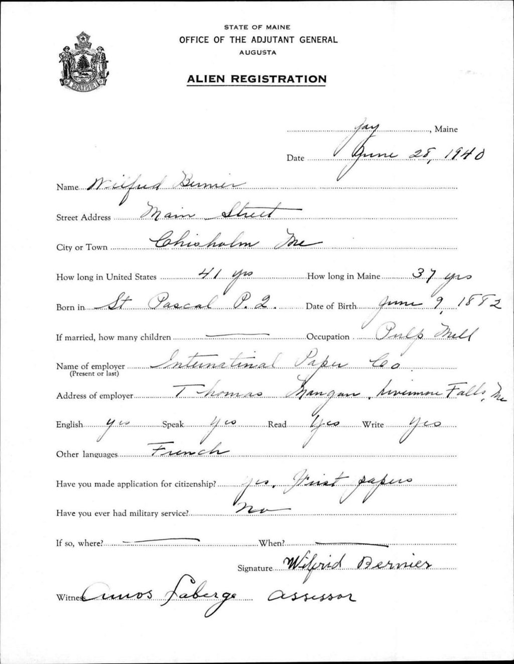 Miniature of Alien Registration- Bernier, Wilfred (Jay, Franklin County)