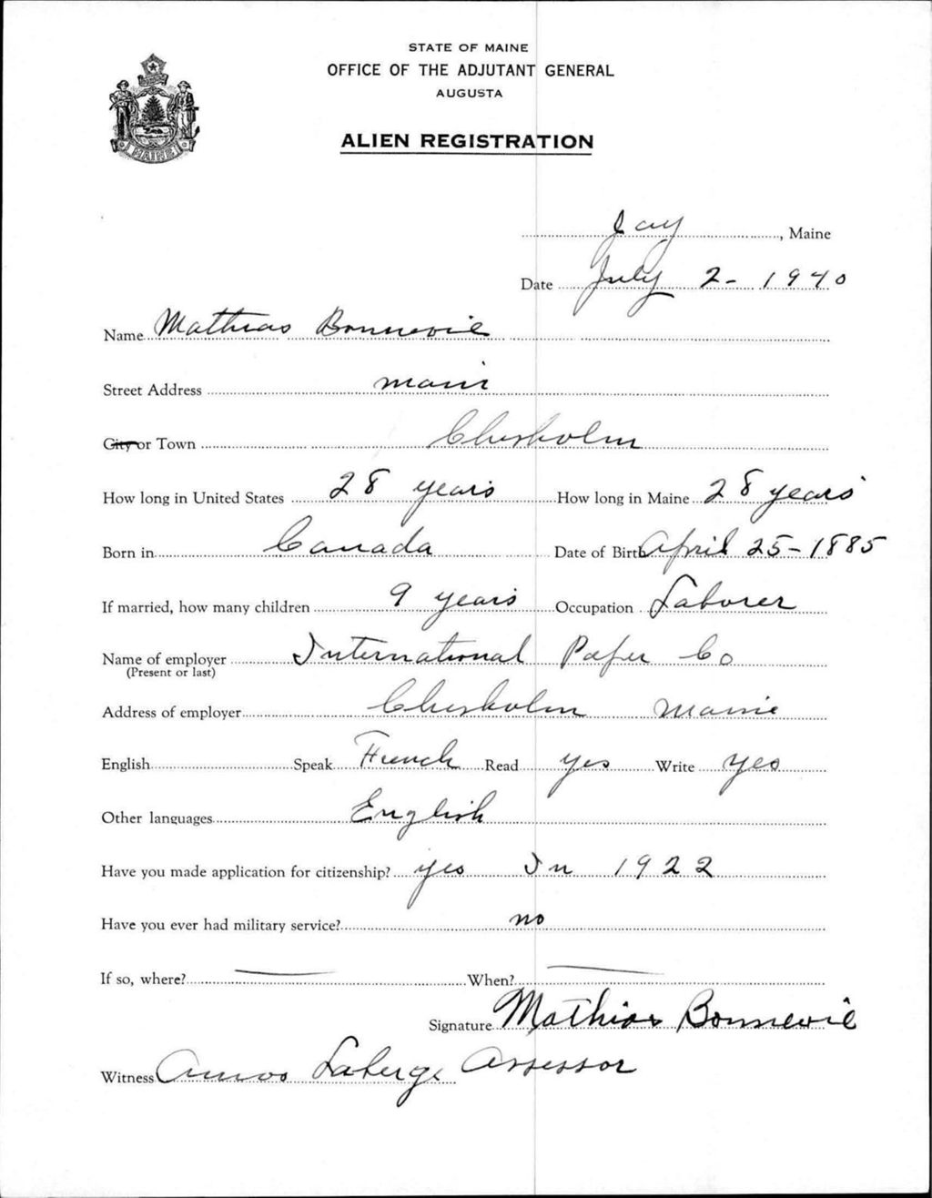 Miniature of Alien Registration- Bonnevie, Mathias (Jay, Franklin County)