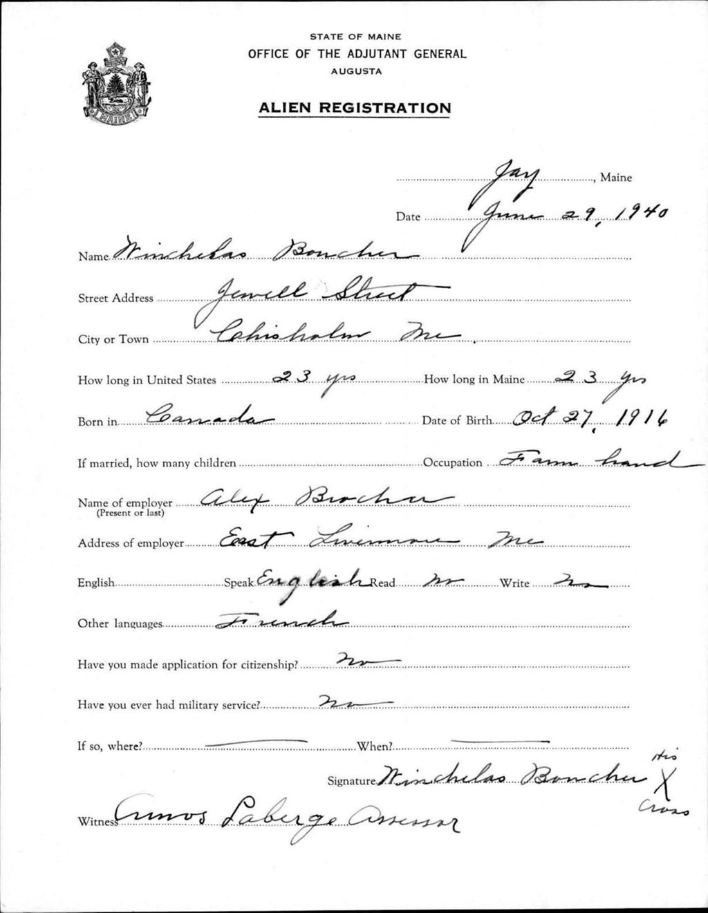 Miniature of Alien Registration- Boucher, Nicholas (Jay, Franklin County)