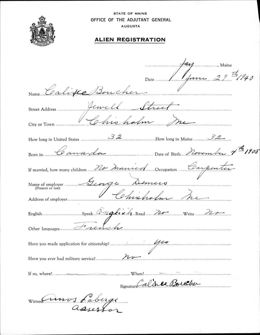 Miniature of Alien Registration- Boucher, Calice (Jay, Franklin County)