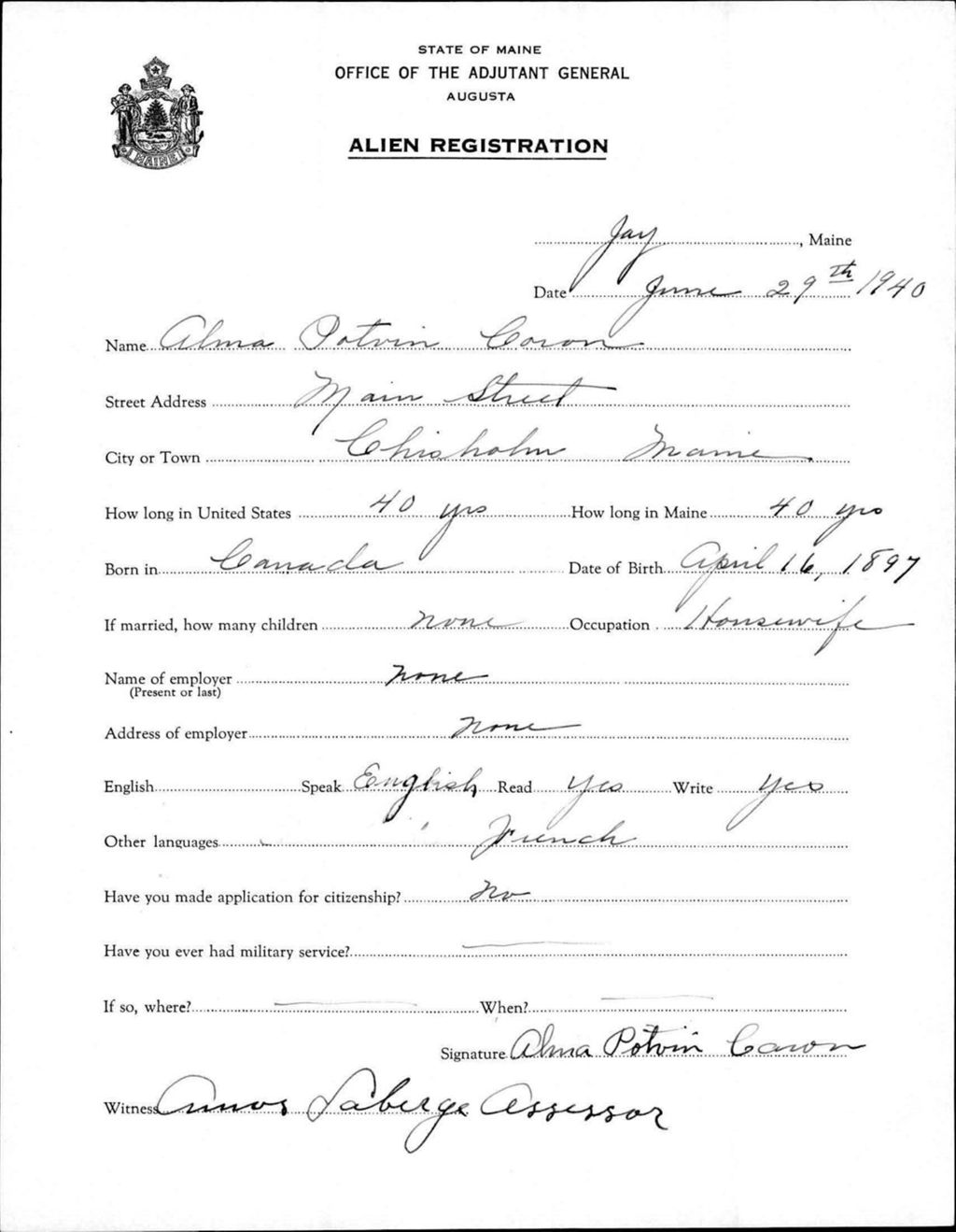 Miniature of Alien Registration- Potvin, Alma (Jay, Franklin County)