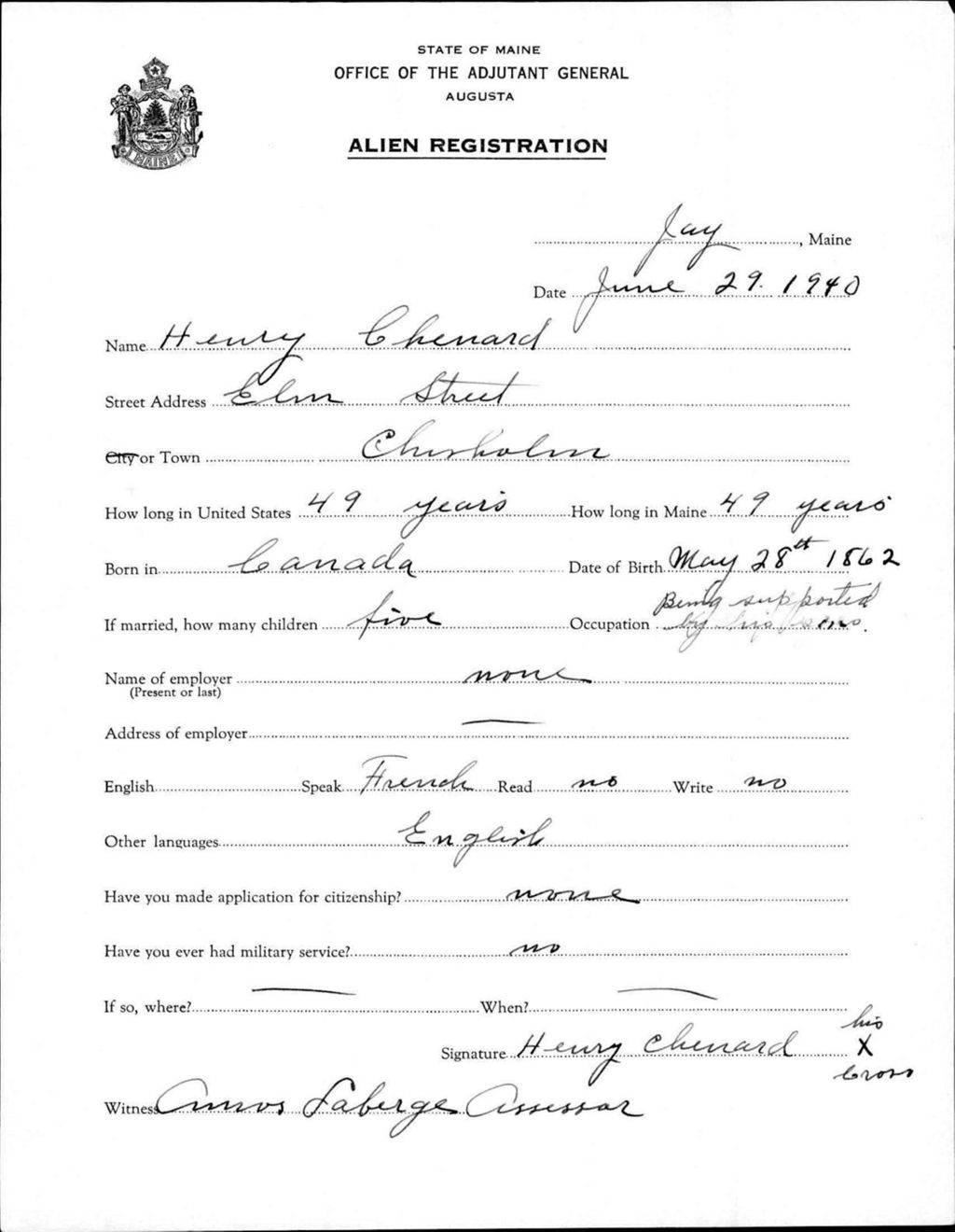 Miniature of Alien Registration- Chenard, Henry (Jay, Franklin County)