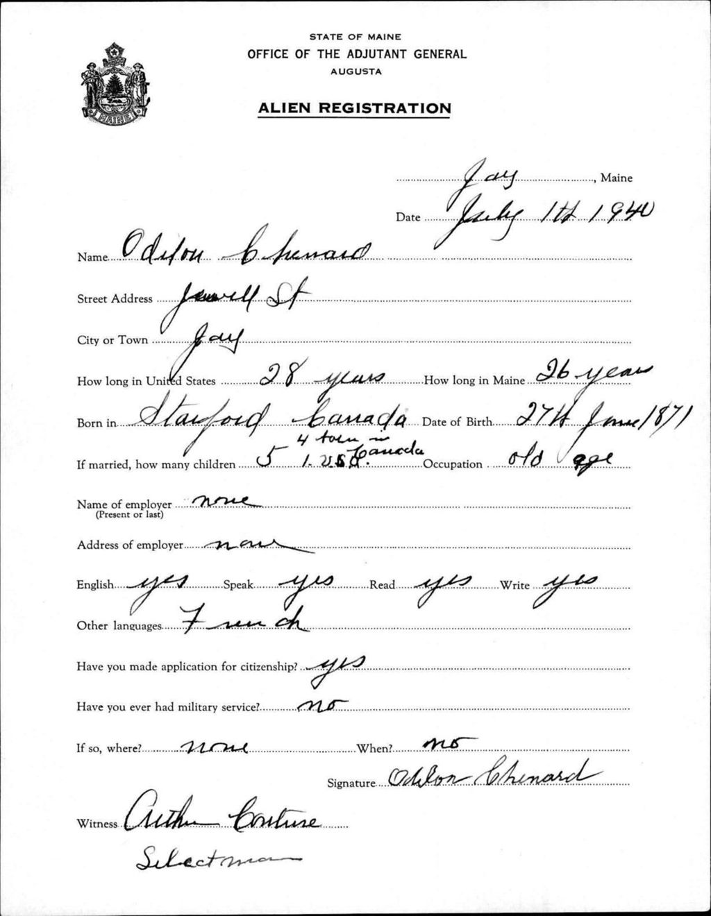 Miniature of Alien Registration- Chenard, Odilon (Jay, Franklin County)