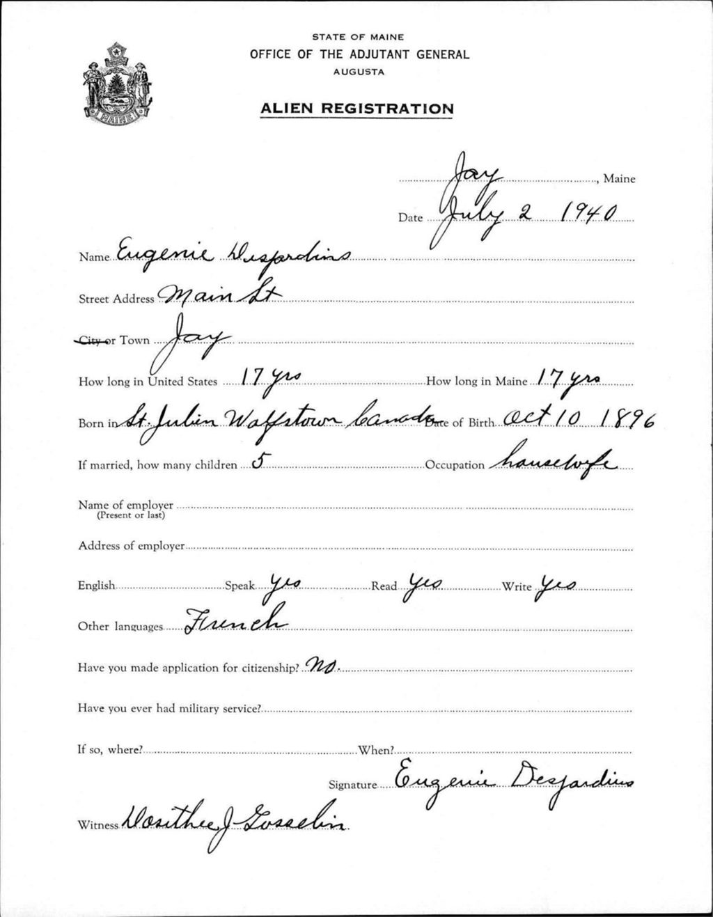 Miniature of Alien Registration- Desjardins, Eugenie (Jay, Franklin County)
