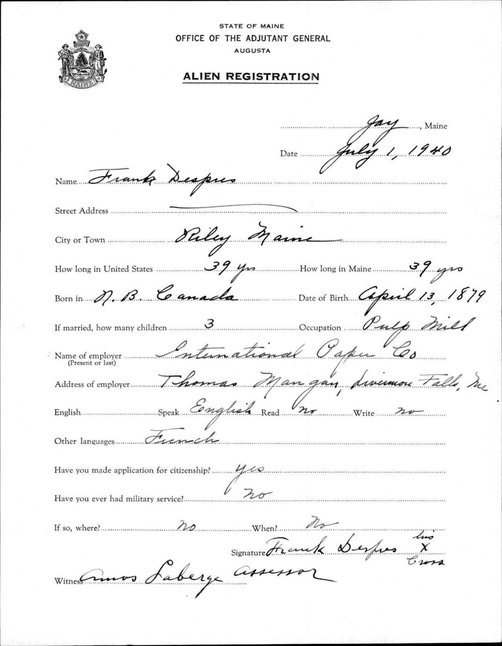 Miniature of Alien Registration- Despres, Frank (Jay, Franklin County)