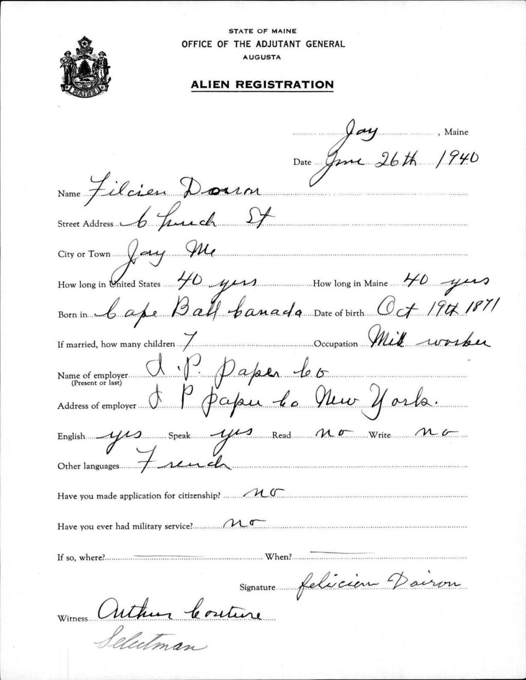 Miniature of Alien Registration- Doiron, Felicien (Jay, Franklin County)