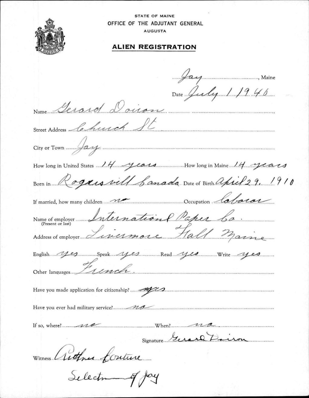 Miniature of Alien Registration- Doiron, Gerard (Jay, Franklin County)