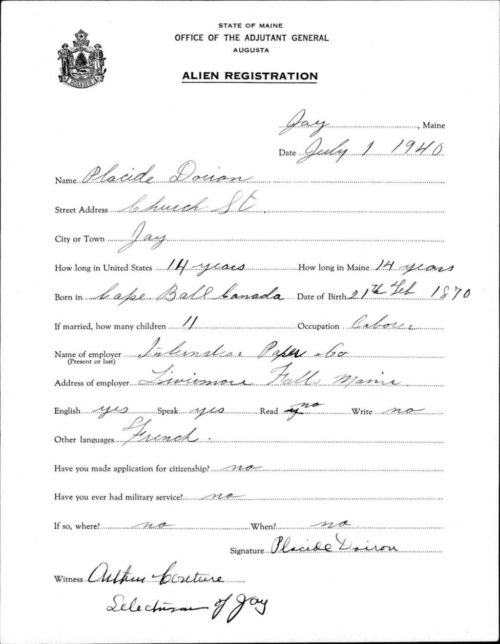 Miniature of Alien Registration- Doiron, Placide (Jay, Franklin County)