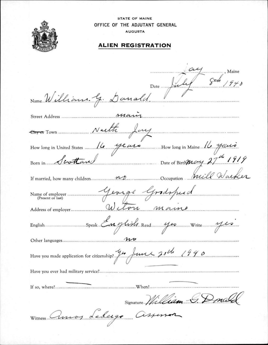 Miniature of Alien Registration- Donald, William G. (Jay, Franklin County)