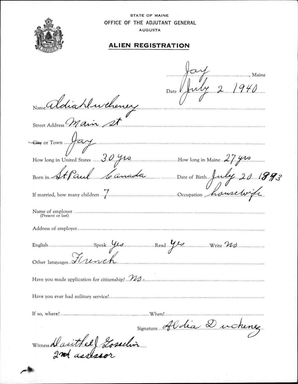 Miniature of Alien Registration- Ducheney, Aldia (Jay, Franklin County)