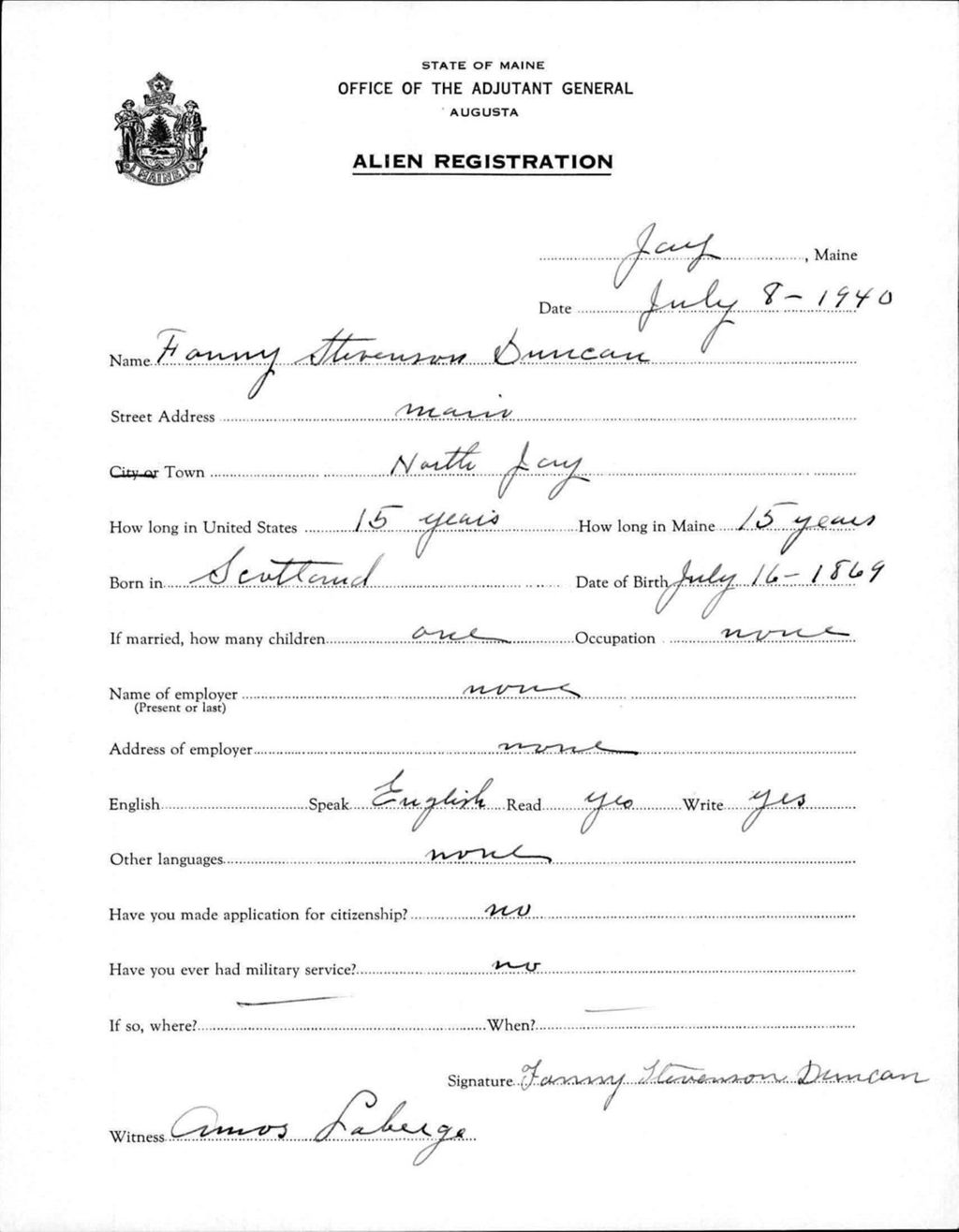 Miniature of Alien Registration- Stevenson, Fanny (Jay, Franklin County)