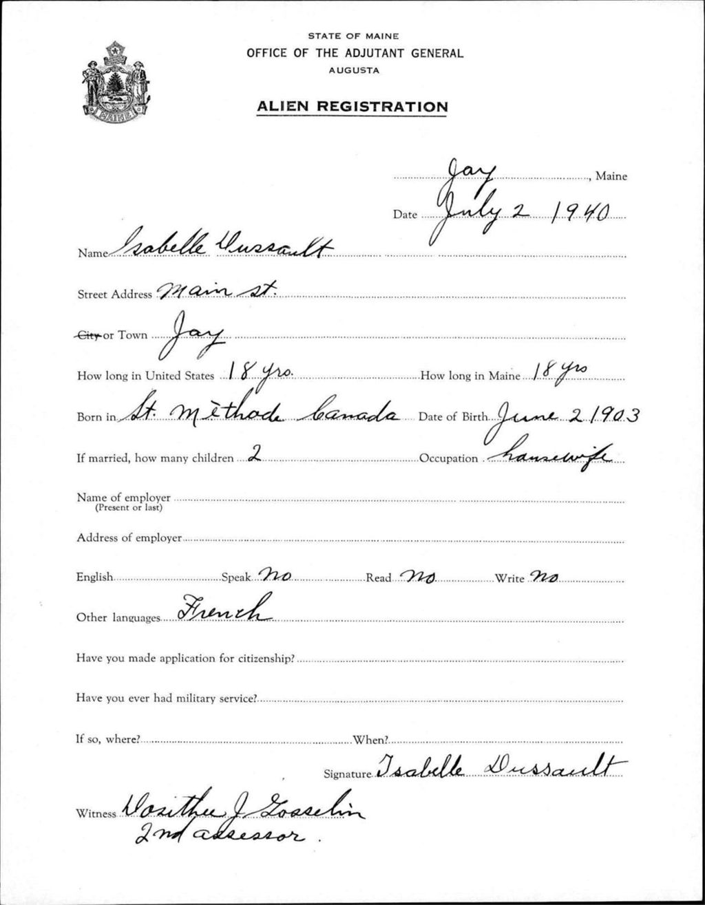 Miniature of Alien Registration- Dussault, Isabelle (Jay, Franklin County)