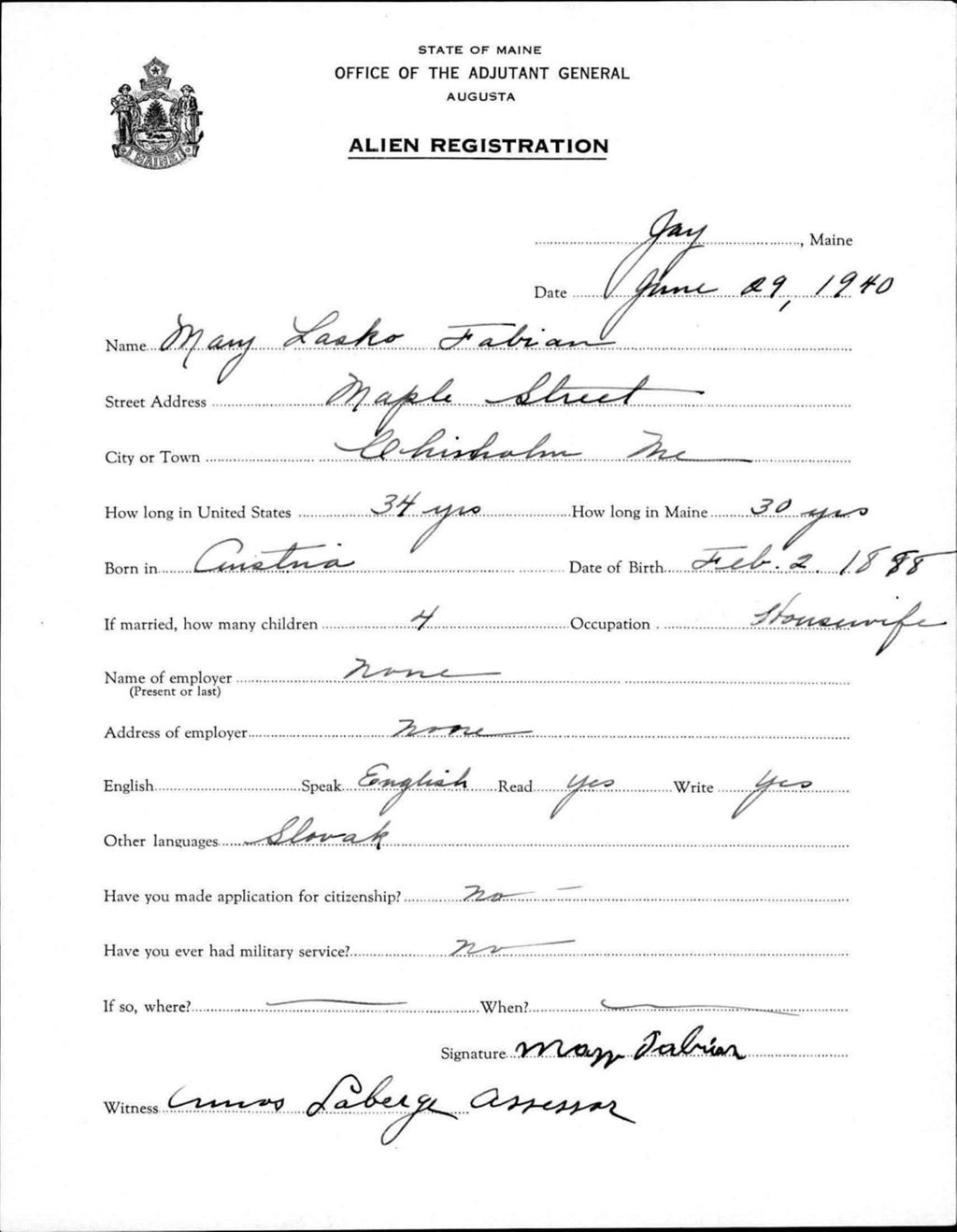 Miniature of Alien Registration- Lasko, Mary (Jay, Franklin County)