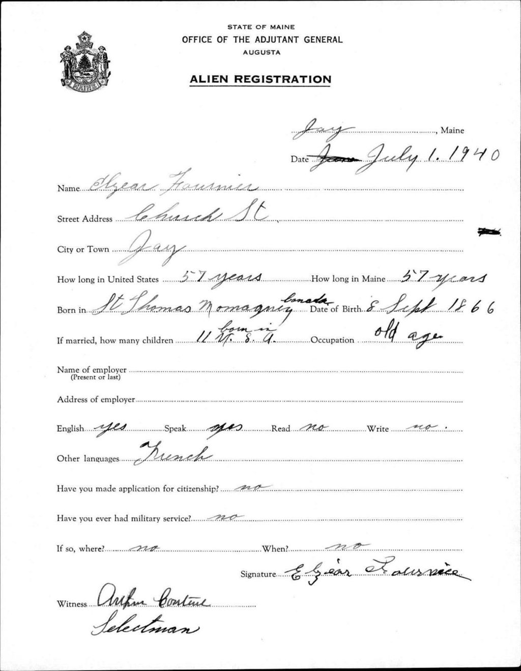 Miniature of Alien Registration- Fournier, Elzear (Jay, Franklin County)