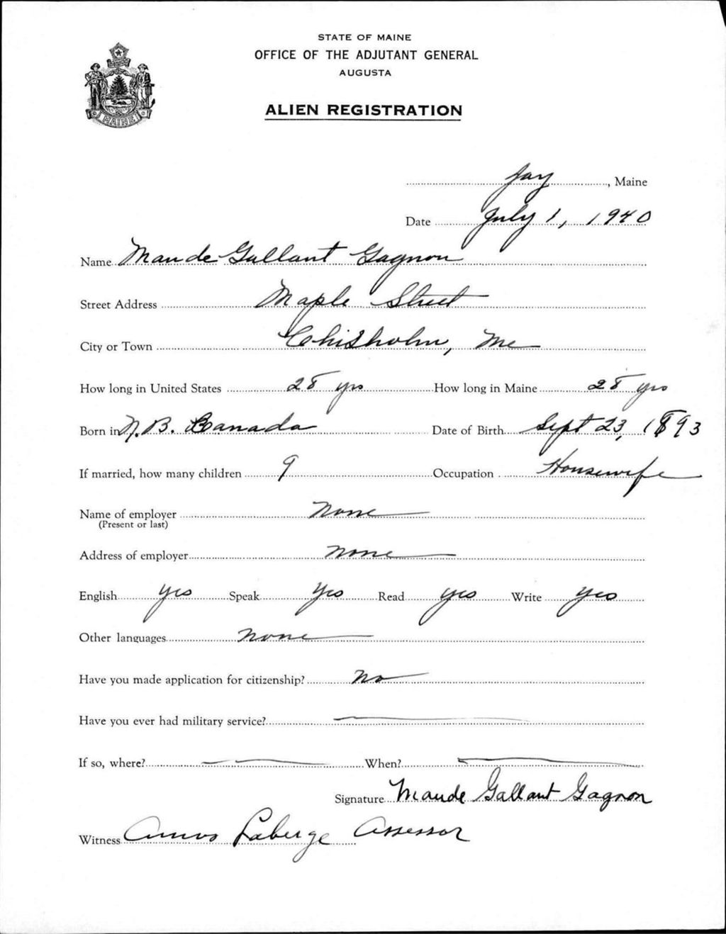 Miniature of Alien Registration- Gallant, Maude (Jay, Franklin County)