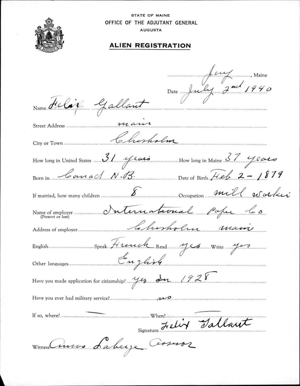 Miniature of Alien Registration- Gallant, Felix (Jay, Franklin County)