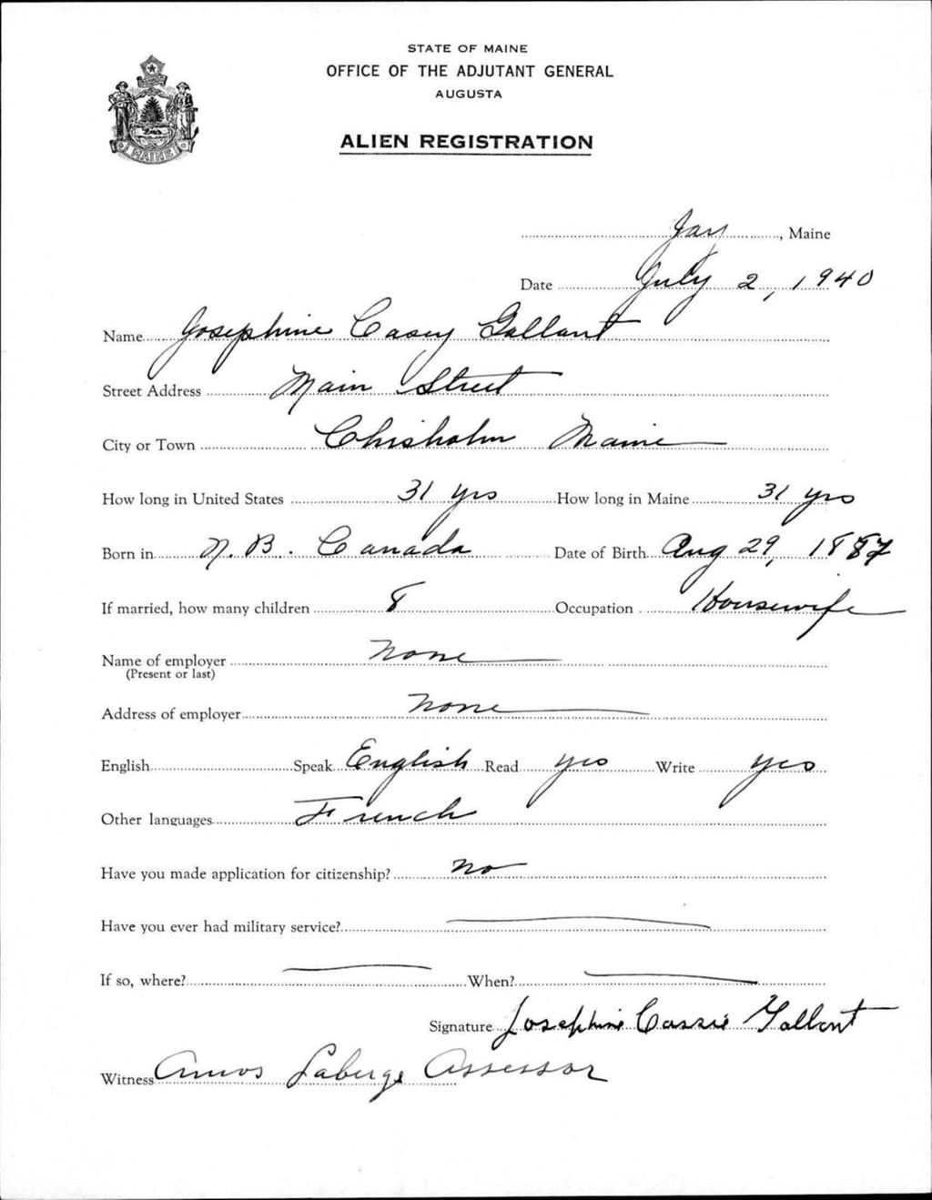 Miniature of Alien Registration- Casey, Josephine (Jay, Franklin County)
