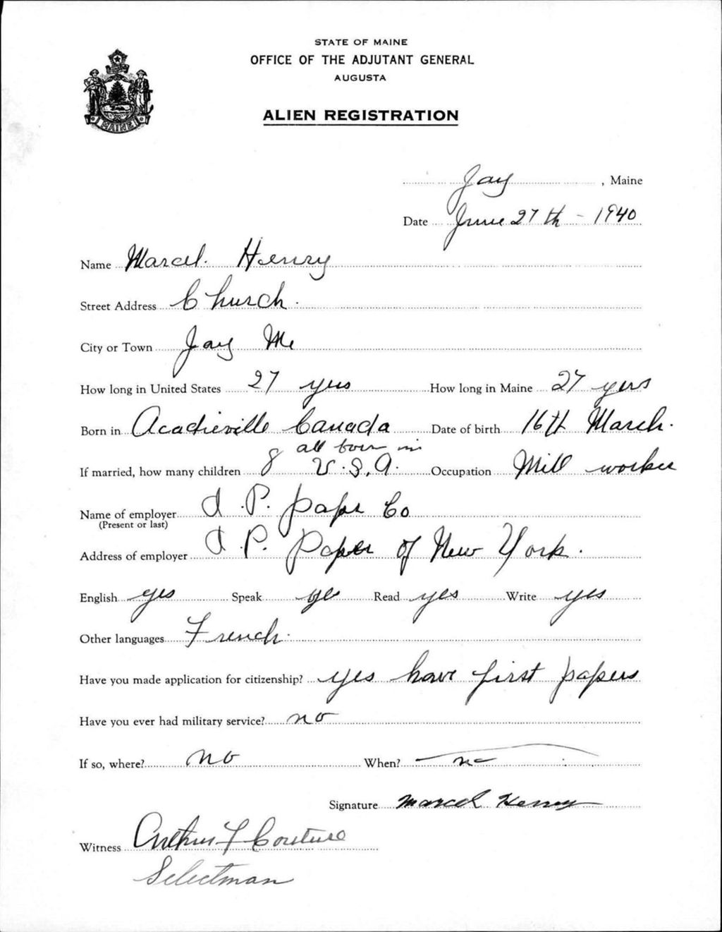 Miniature of Alien Registration- Henry, Marcel (Jay, Franklin County)