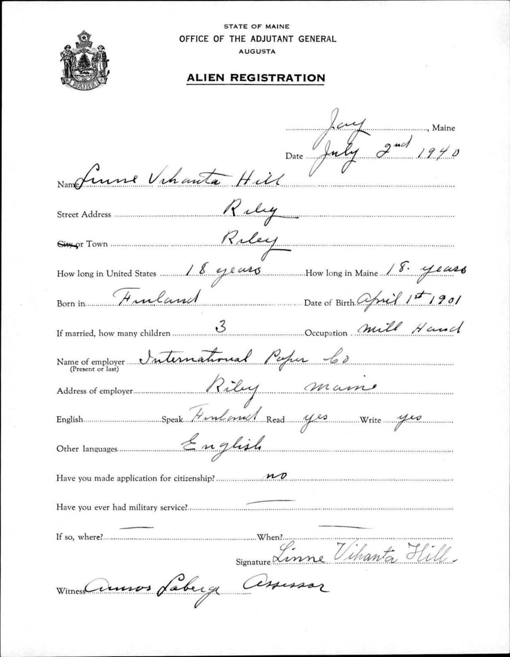 Miniature of Alien Registration- Hill, Linne V. (Jay, Franklin County)