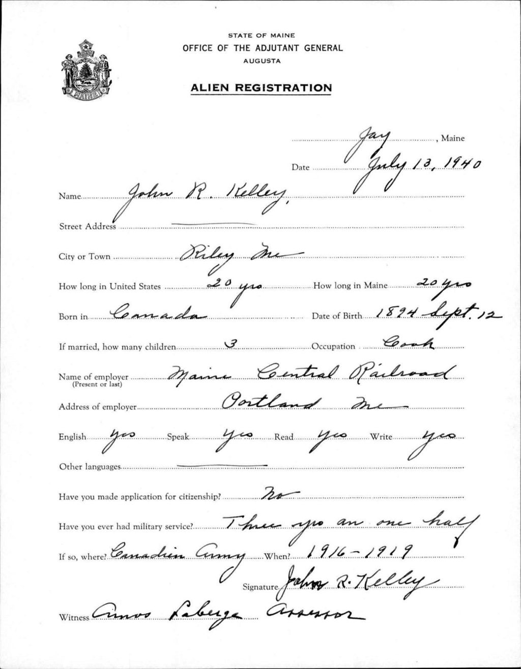 Miniature of Alien Registration- Kelley, John R. (Jay, Franklin County)