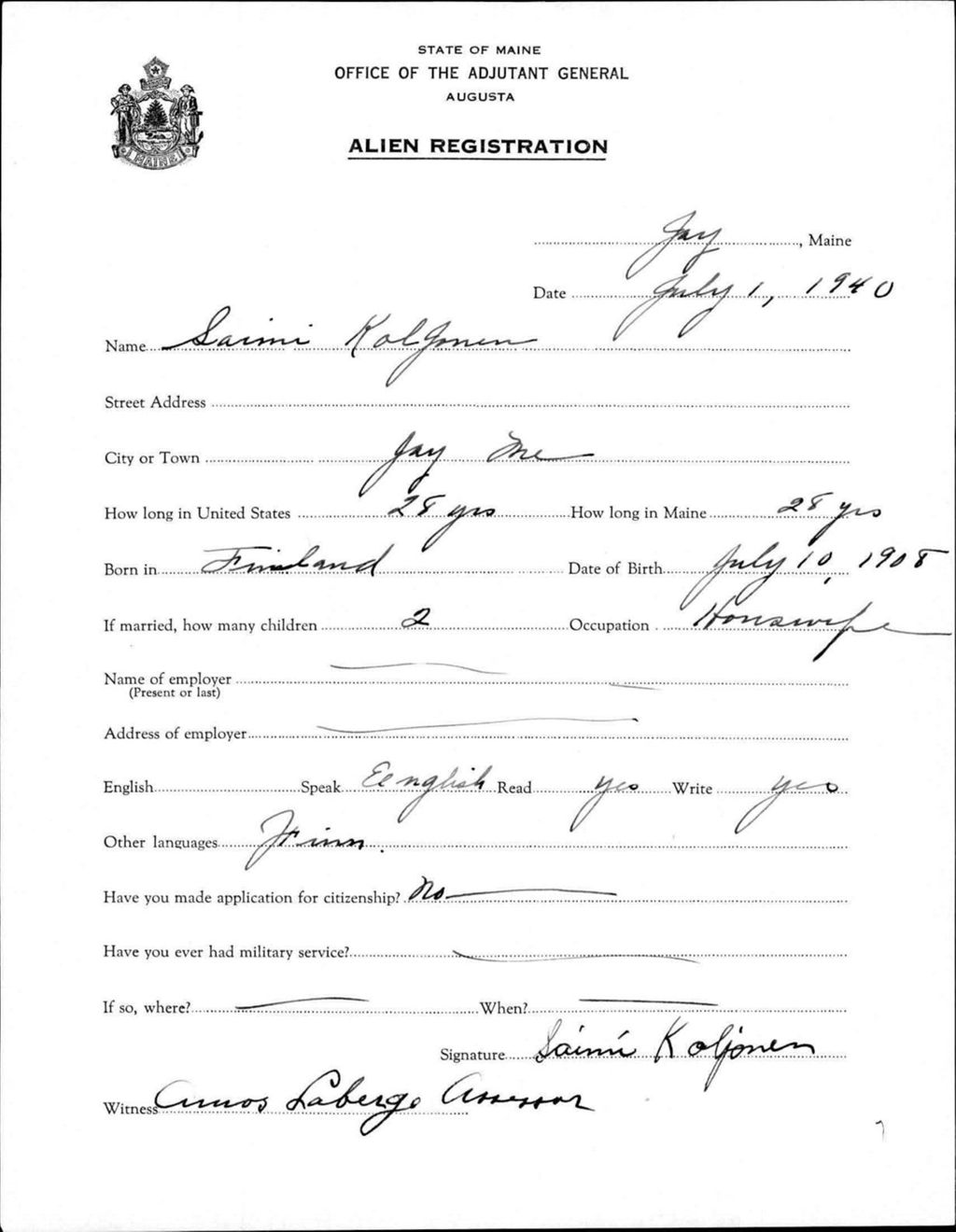 Miniature of Alien Registration- Koljonen, Saimi (Jay, Franklin County)