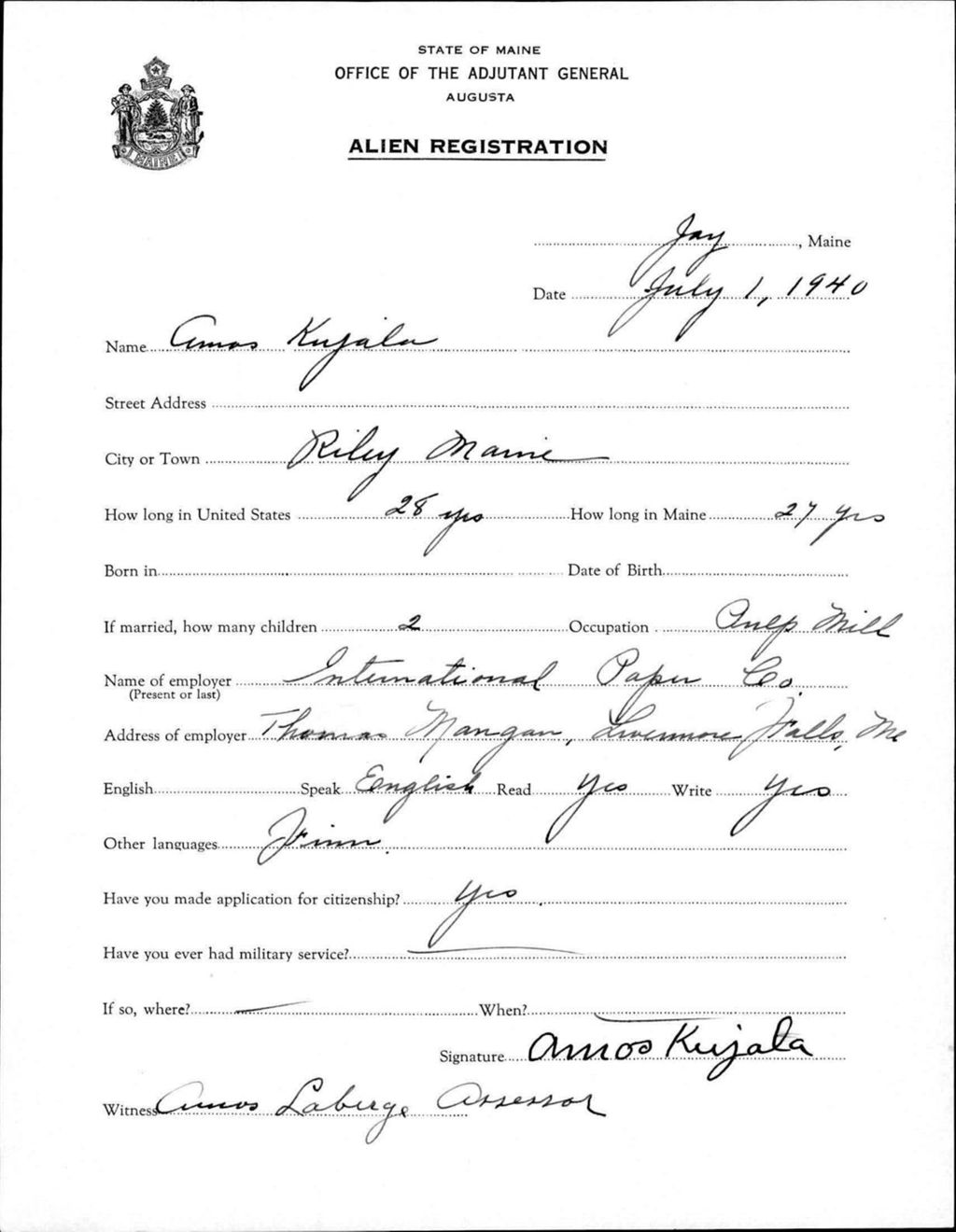 Miniature of Alien Registration- Kujala, Amos (Jay, Franklin County)