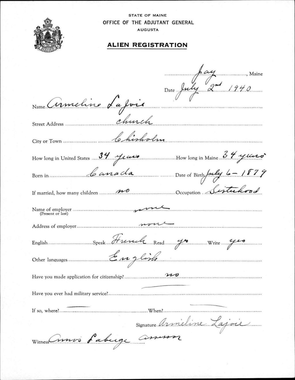 Miniature of Alien Registration- Lajoie, Armeline (Jay, Franklin County)