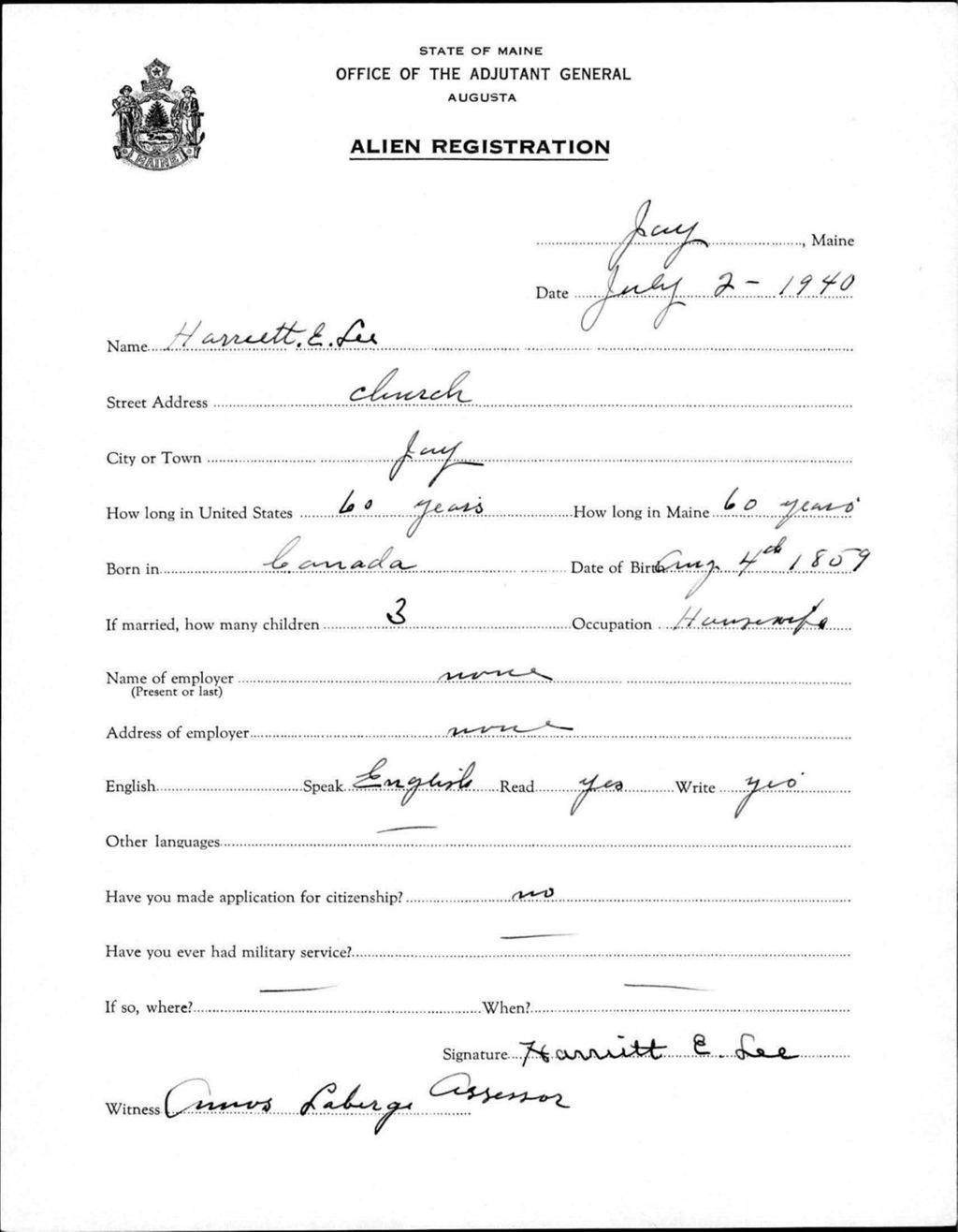 Miniature of Alien Registration- Lee, Harriett E. (Jay, Franklin County)