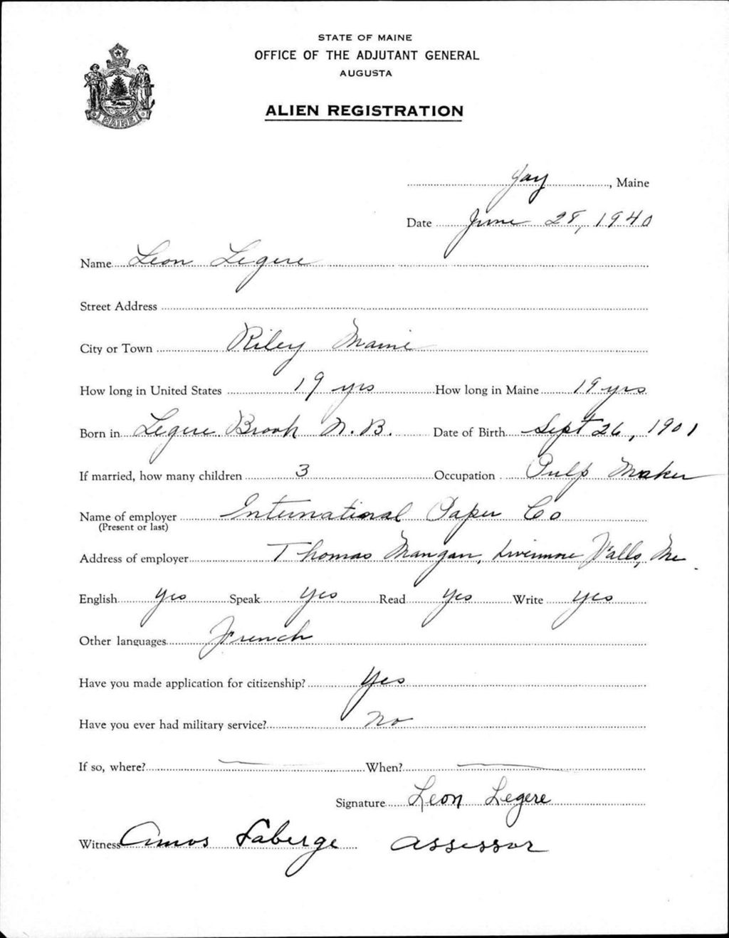 Miniature of Alien Registration- Legere, Leon (Jay, Franklin County)