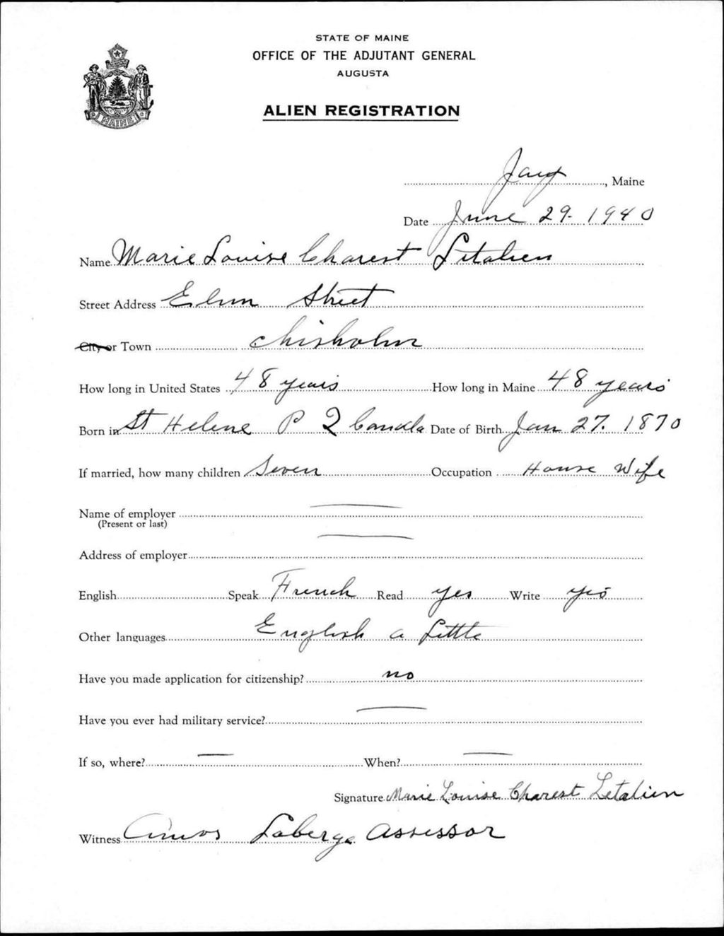 Miniature of Alien Registration- Charest, Marie L. (Jay, Franklin County)