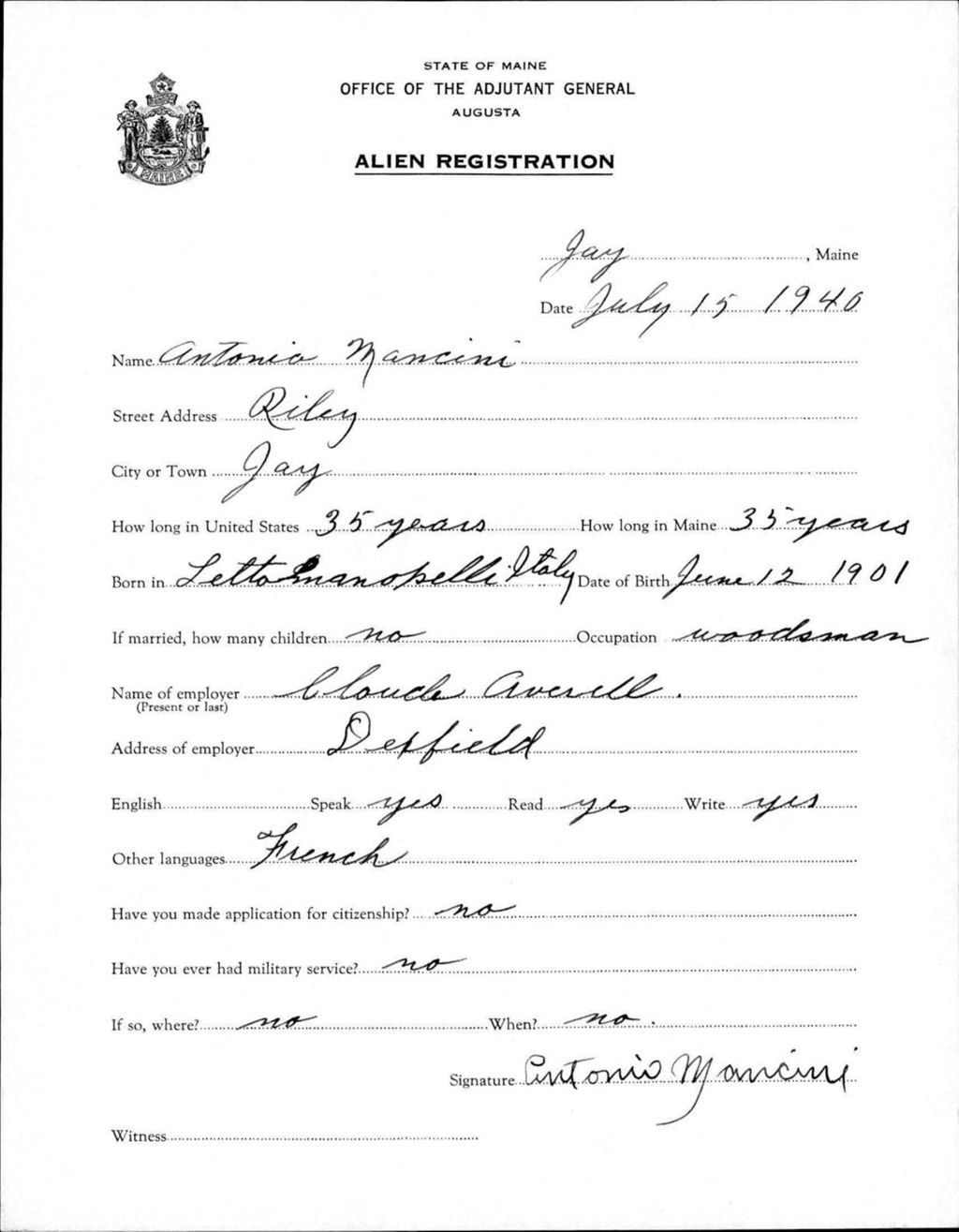 Miniature of Alien Registration- Mancini, Antonio (Jay, Franklin County)