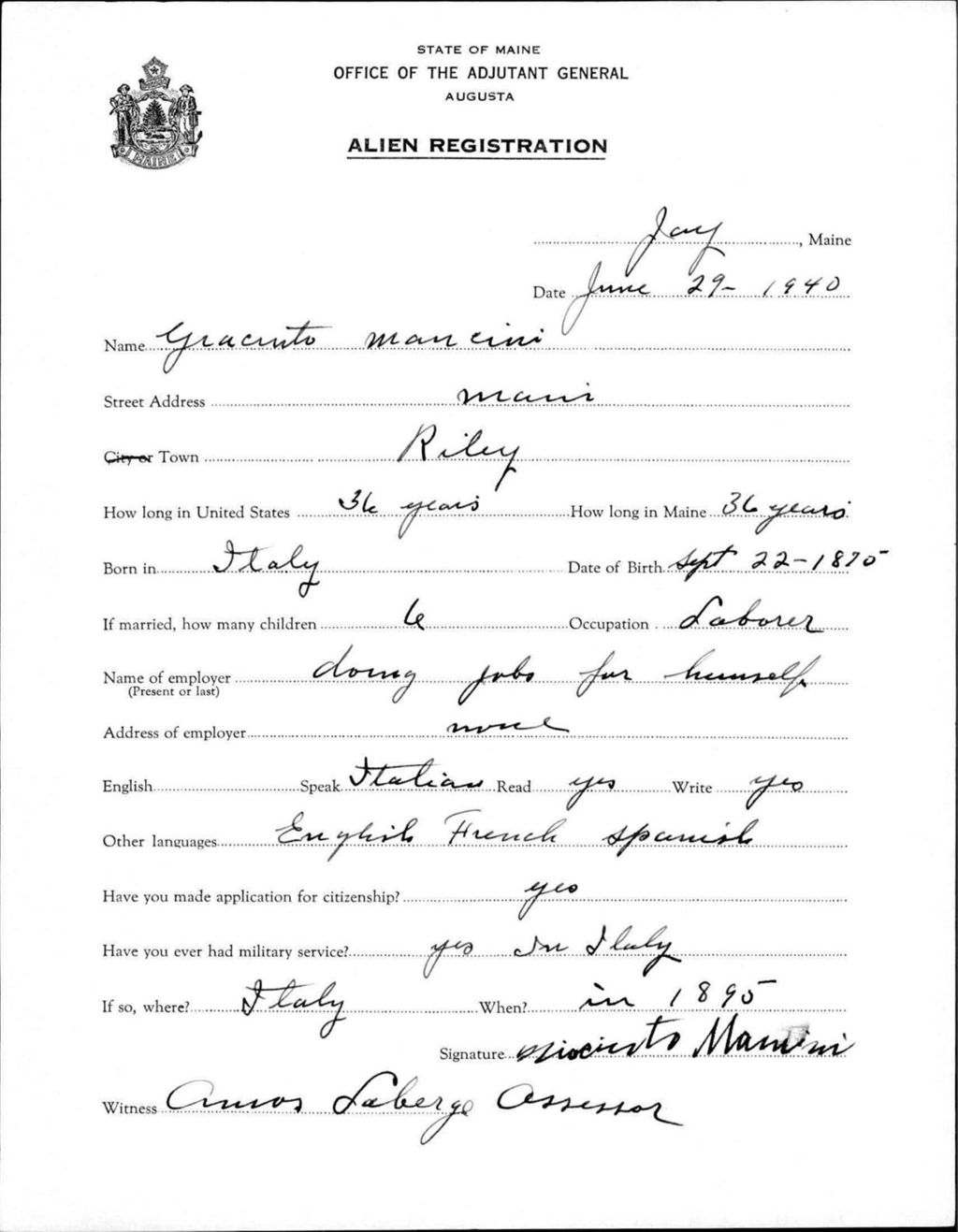 Miniature of Alien Registration- Mancini, Gracento (Jay, Franklin County)