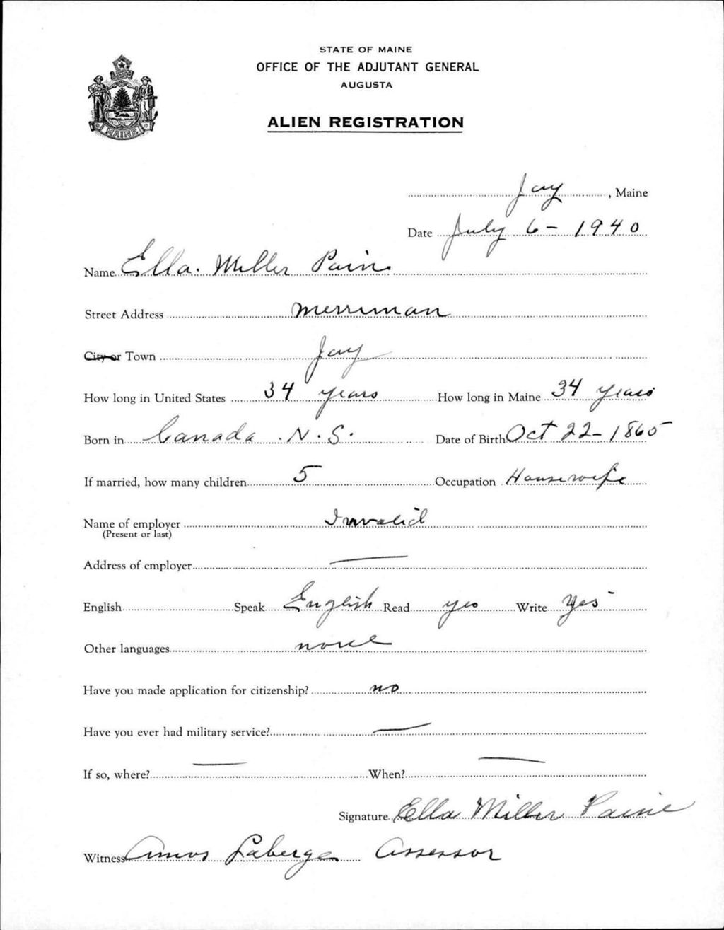 Miniature of Alien Registration- Miller, Ella (Jay, Franklin County)