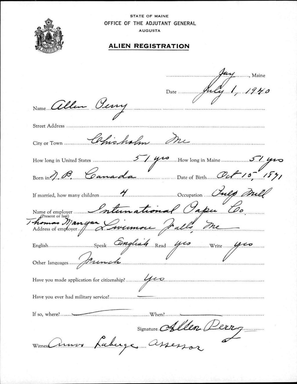 Miniature of Alien Registration- Perry, Allen (Jay, Franklin County)