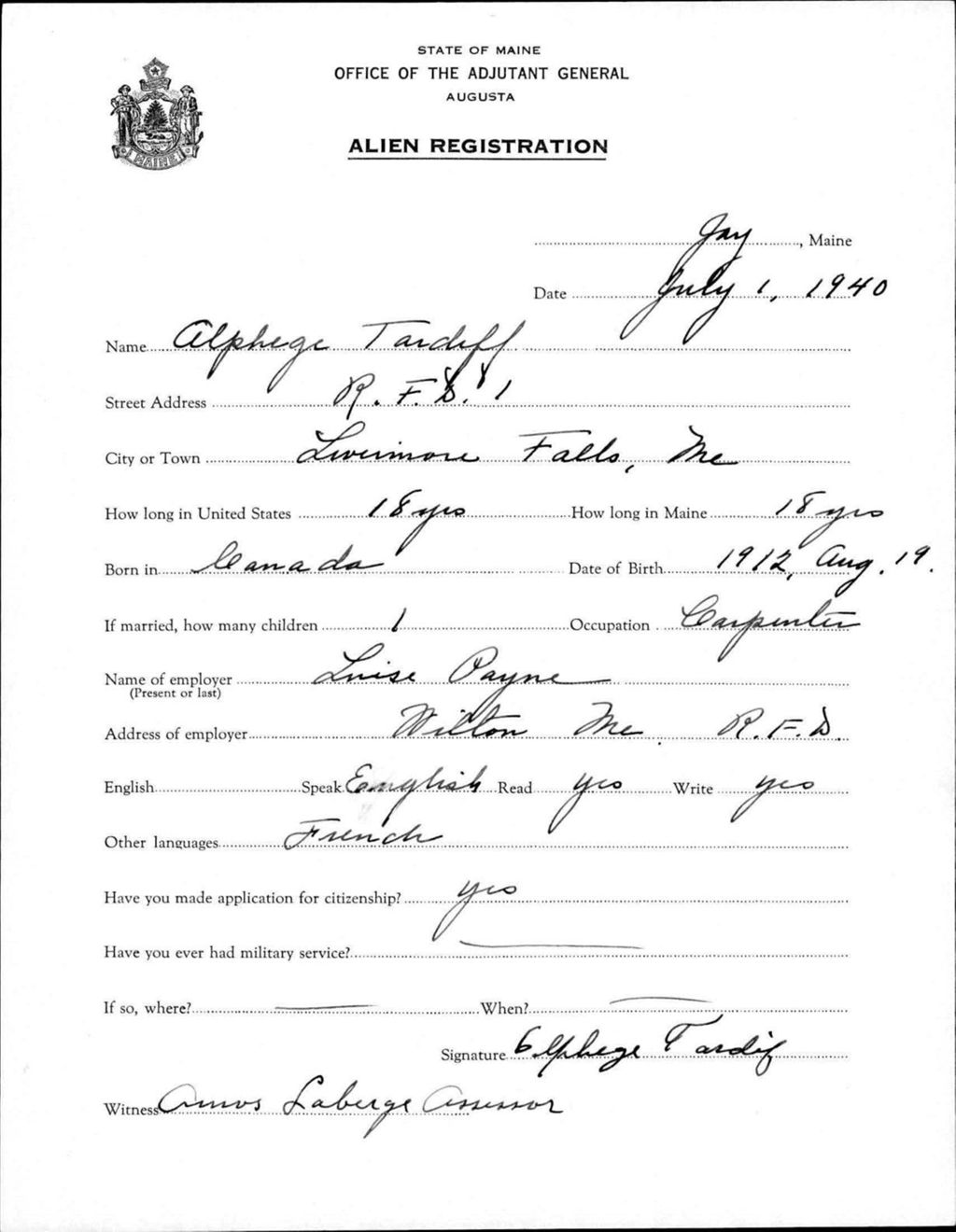 Miniature of Alien Registration- Tardiff, Alphage (Jay, Franklin County)
