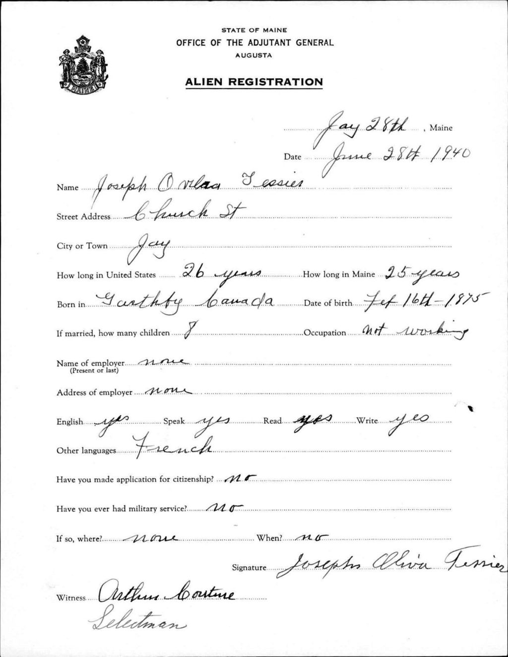 Miniature of Alien Registration- Tessier, Joseph O. (Jay, Franklin County)