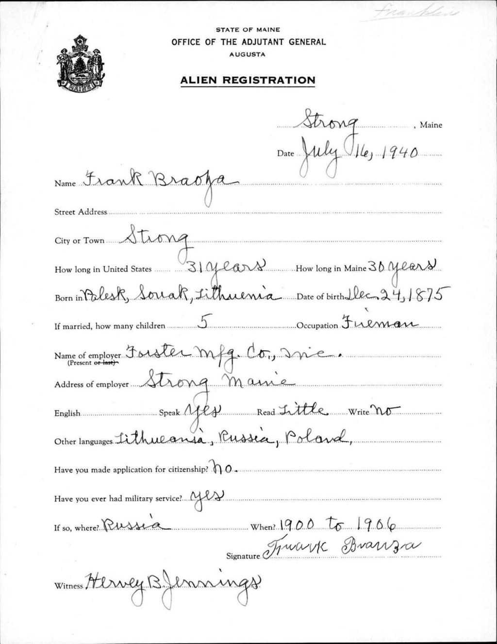 Miniature of Alien Registration- Braoza, Frank (Strong, Franklin County)