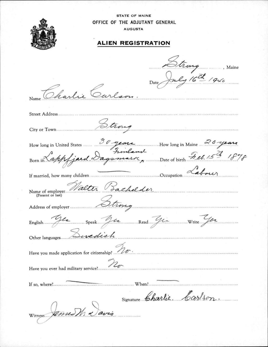 Miniature of Alien Registration- Carlson, Charlie (Strong, Franklin County)