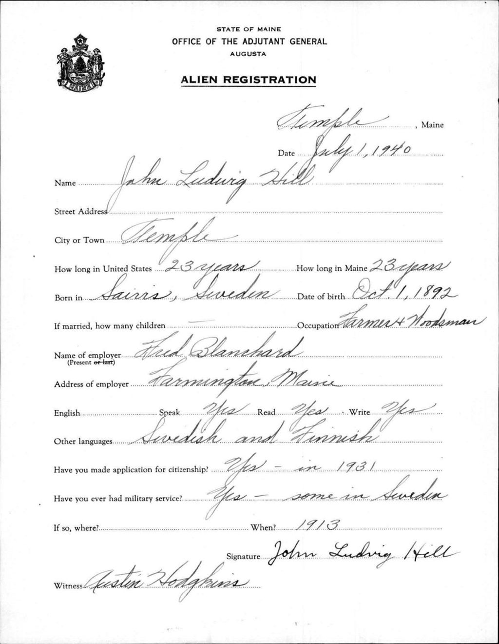 Miniature of Alien Registration- Hill, John L. (Temple, Franklin County)