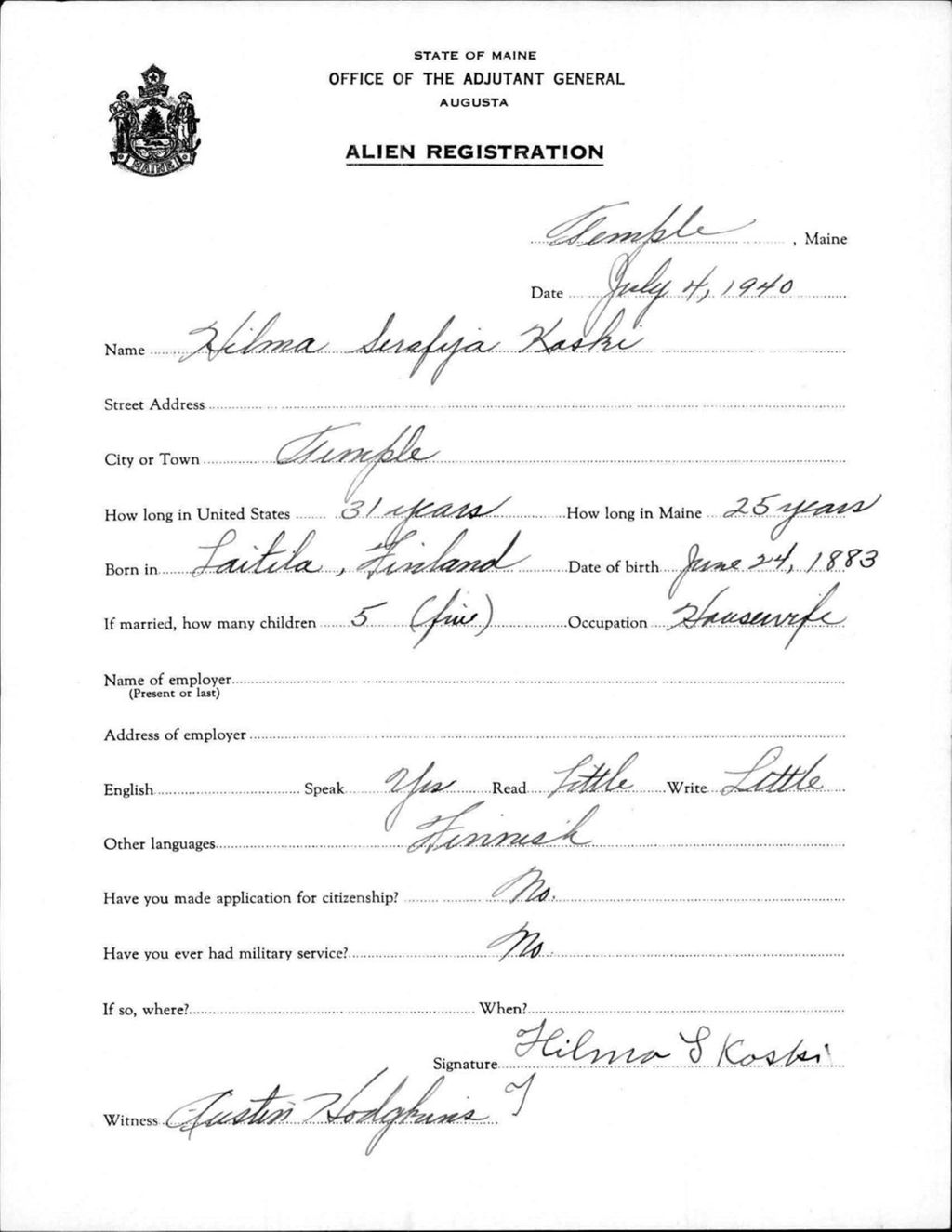 Miniature of Alien Registration- Kaski, Hilma S. (Temple, Franklin County)