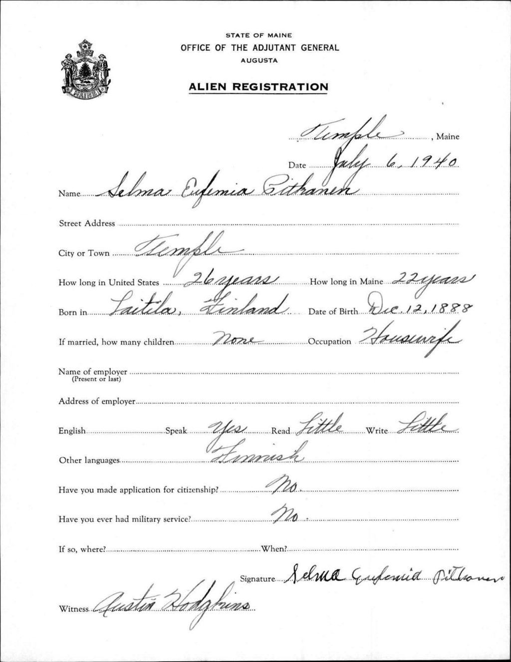 Miniature of Alien Registration- Pithanen, Selma E. (Temple, Franklin County)