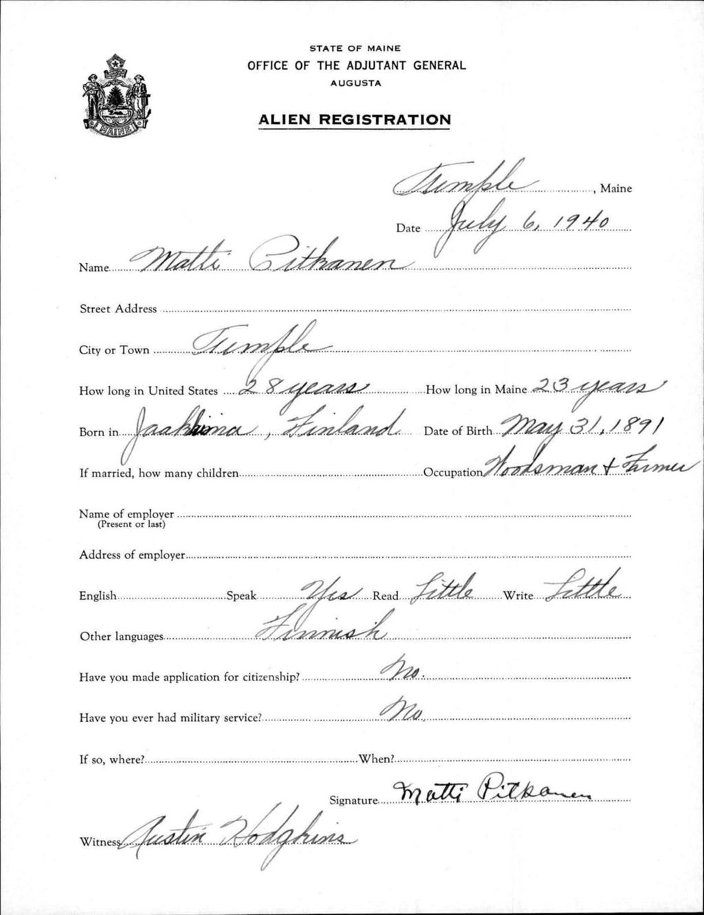 Miniature of Alien Registration- Pitkanen, Matti (Temple, Franklin County)