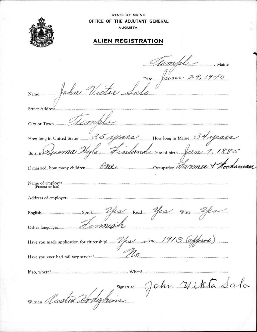 Miniature of Alien Registration- Salo, Jahn V. (Temple, Franklin County)
