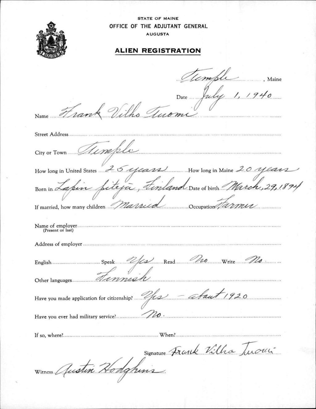 Miniature of Alien Registration- Tuomi, Frank V. (Temple, Franklin County)