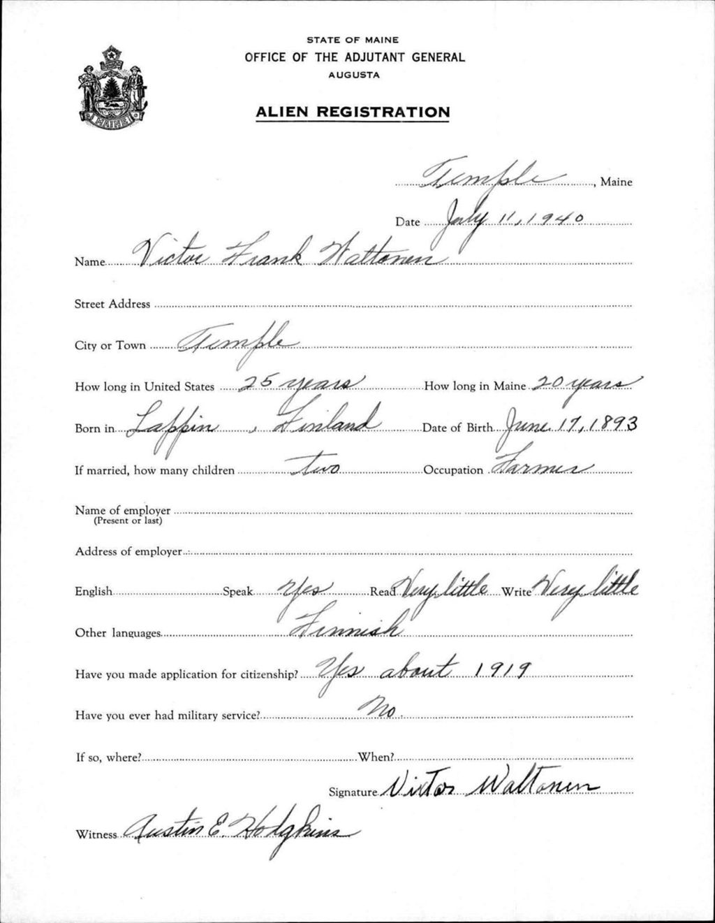 Miniature of Alien Registration- Waltonen, Victor F. (Temple, Franklin County)