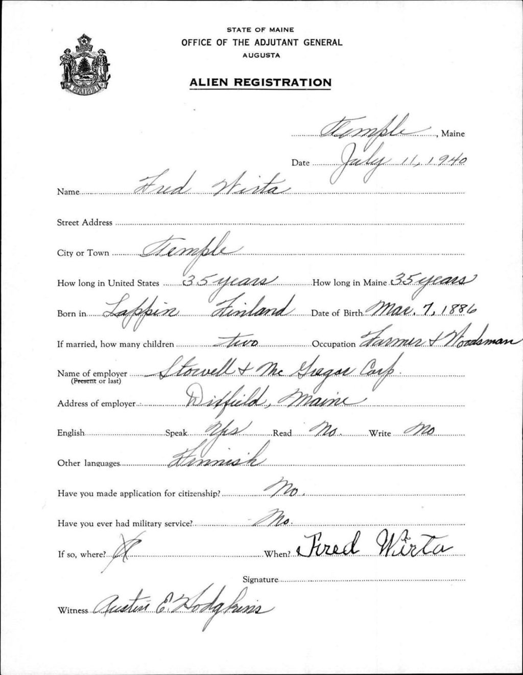 Miniature of Alien Registration- Wirta, Fred (Temple, Franklin County)
